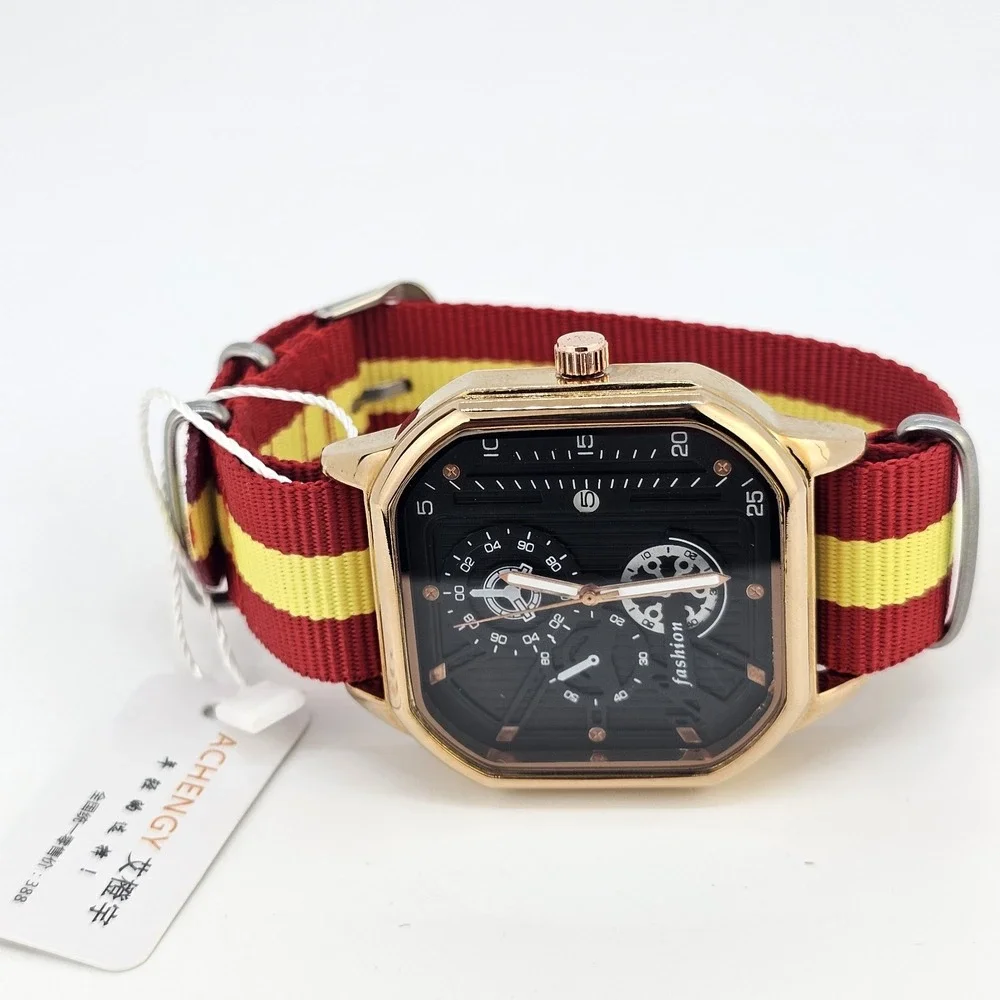 42MM Minimalist Watch Men Black Dial Gold Case‎ Date Red Yellow Canvas Strap